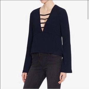 Intermix Nena Bell sleeve navy v neck blouse